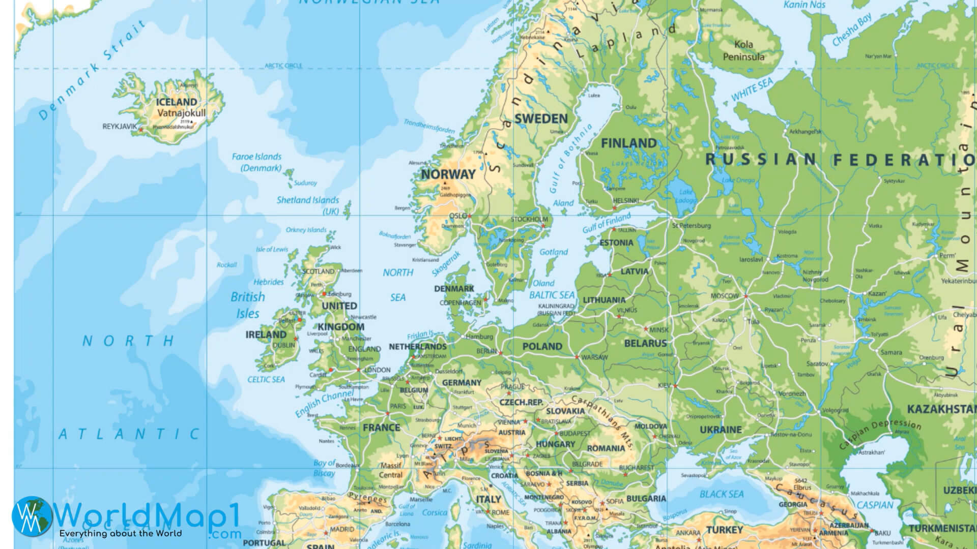Physische Karte mit Russland und Europa